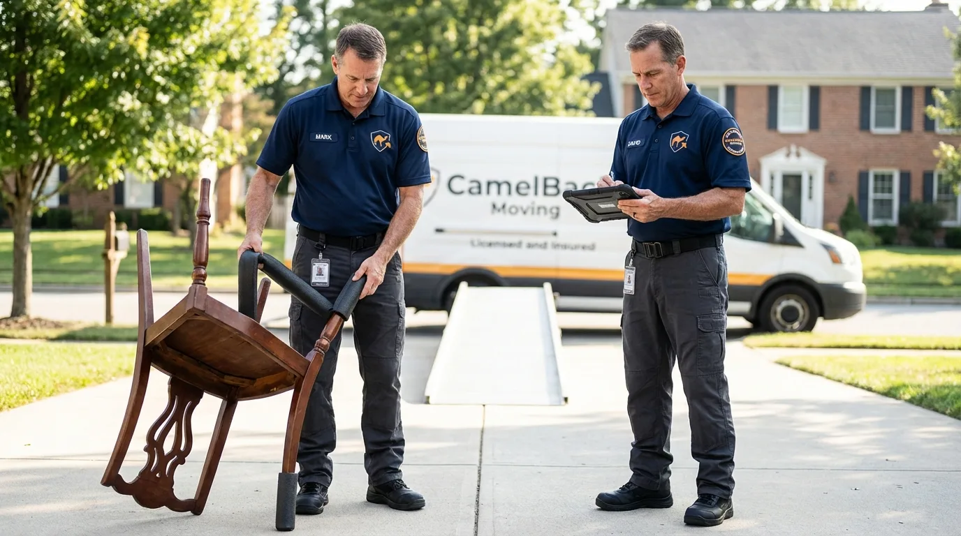 Movers inspecting furniture for damage prevention before loading in Glasford, IL