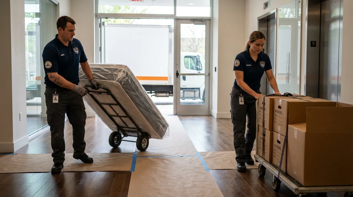 Professional apartment movers loading elevator in Glasford, IL
