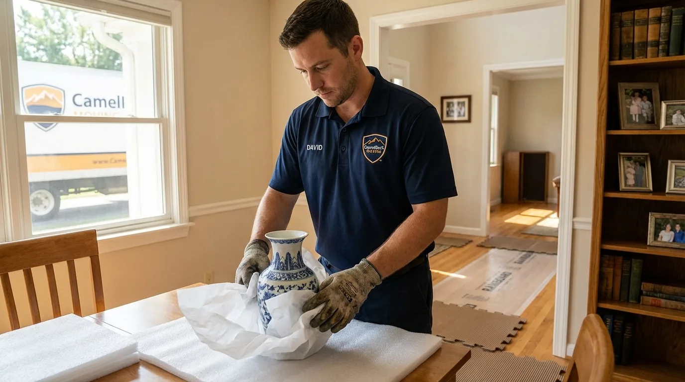 Professional crew carefully wrapping antique vase for senior downsizing move in Glasford, IL