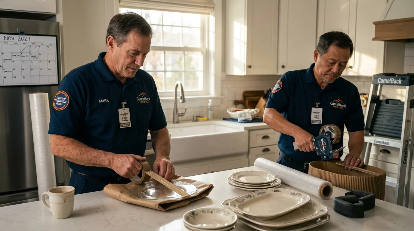 Professional crew packing kitchen dishware in Glasford, IL